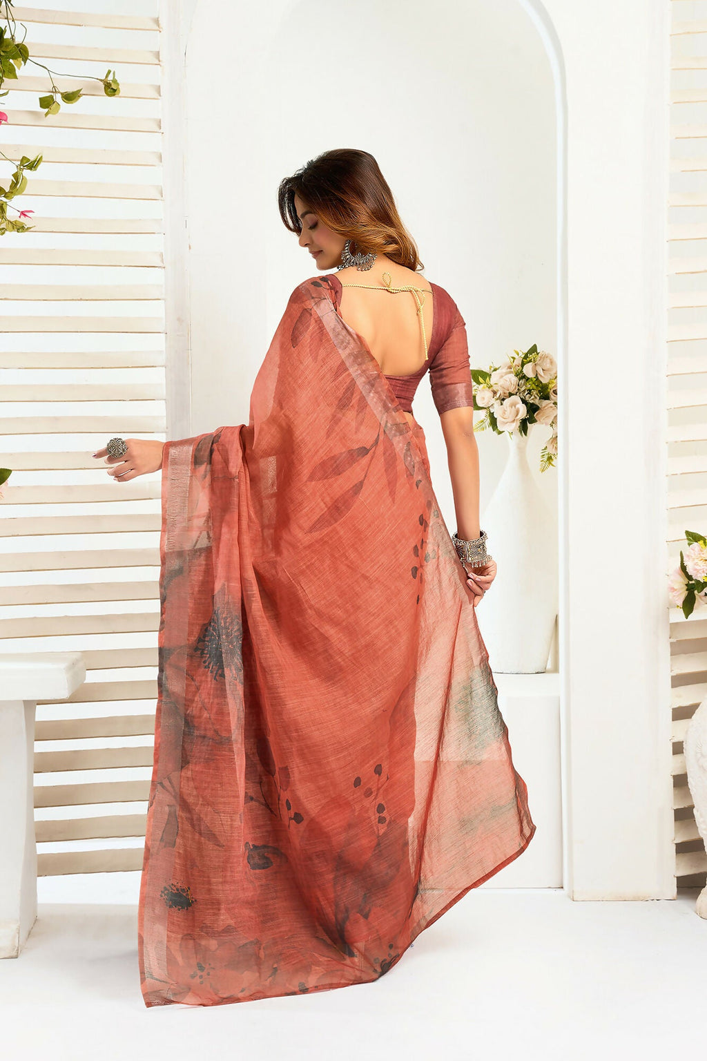 Vastranavya Brown Digital Printed Linen Ready To Wear Designer Saree with Unstitched Blouse | Grocsy