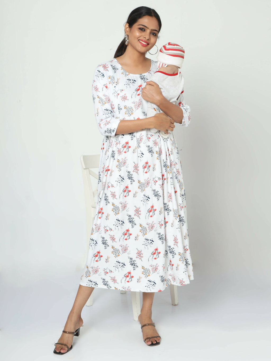 Manet Three Fourth Maternity Dress Floral Print With Concealed Zipper Nursing Access - White | Grocsy
