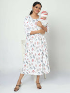 Manet Three Fourth Maternity Dress Floral Print With Concealed Zipper Nursing Access - White | Grocsy