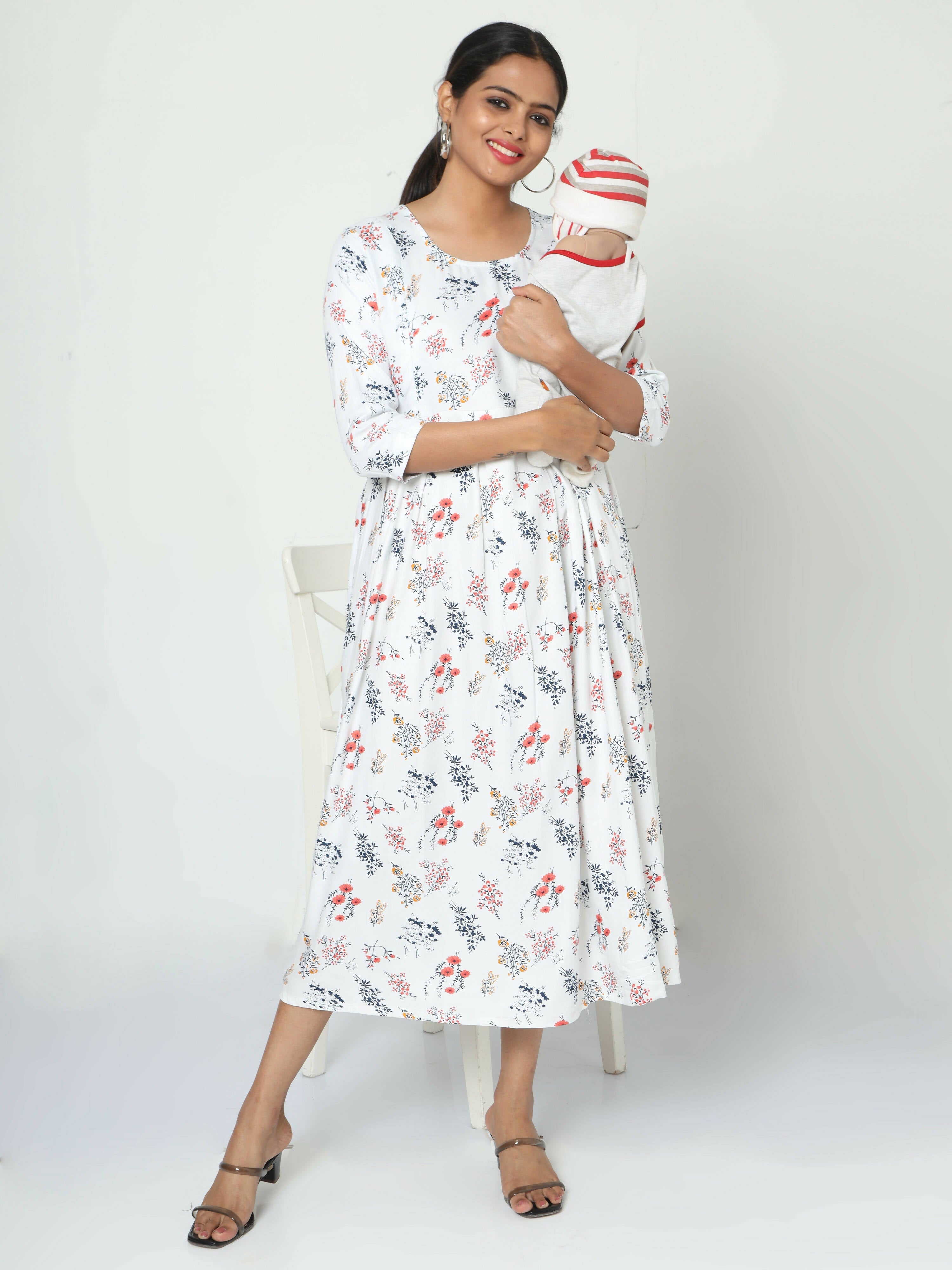 Manet Three Fourth Maternity Dress Floral Print With Concealed Zipper Nursing Access - White | Grocsy