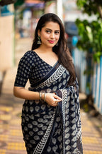 Navy Blue Poly Georgette Ajrak Saree with Unstitched Blouse - Hiral Fashion | Grocsy