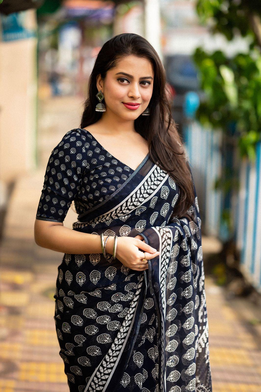 Navy Blue Poly Georgette Ajrak Saree with Unstitched Blouse - A2M | Grocsy