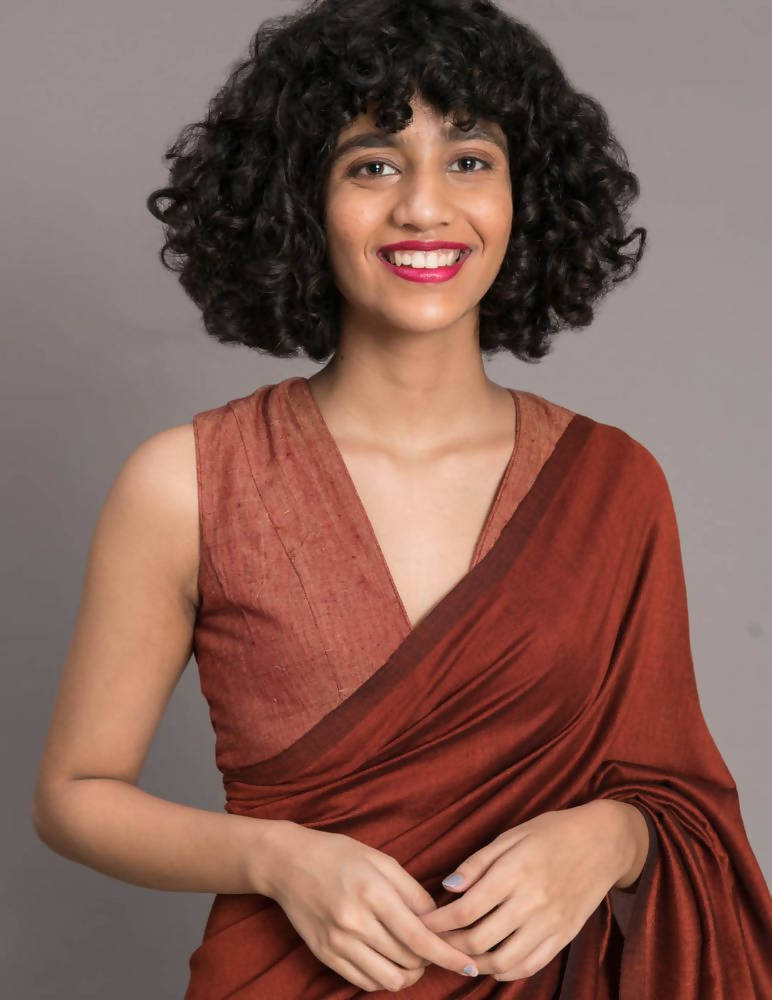 Suta Rust Brown Black Cotton Blend Colourblocked Saree | Grocsy