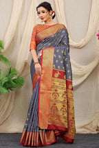 Jyoti Fashion Women's Grey Banarasi Silk Zari Woven Saree with Blouse | Grocsy