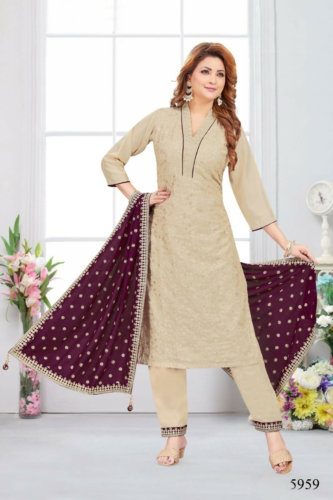 Joban Fashion Chinon Silk Beige Color Kurta Set | Grocsy
