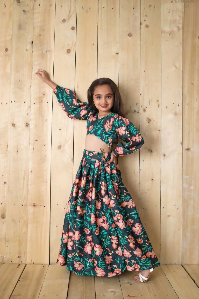 Aayaa Designer Printed Chinon Crochet Sequance Kids Lehenga Choli - Green | Grocsy