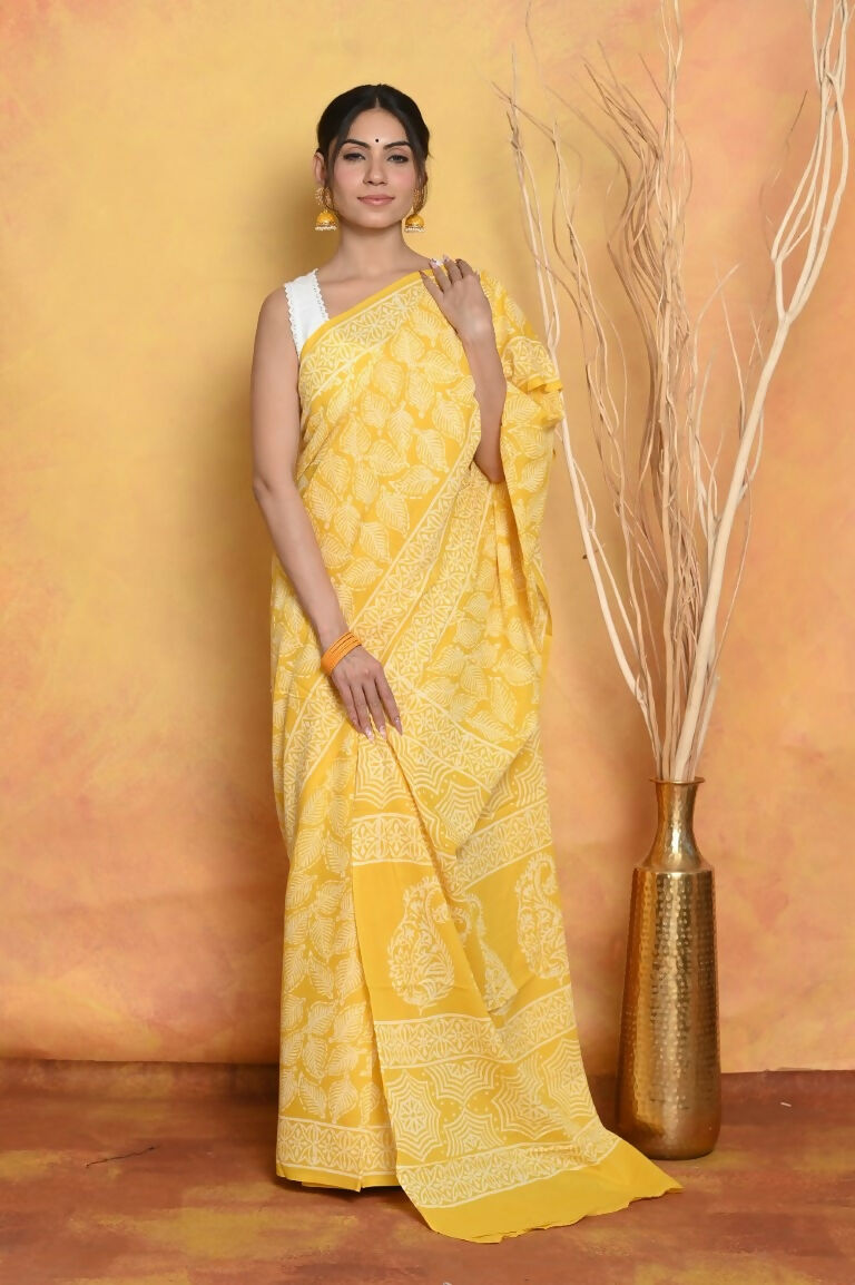 Very Much Indian Handblock Printed Cotton Saree With Natural Dyes - Yellow | Grocsy