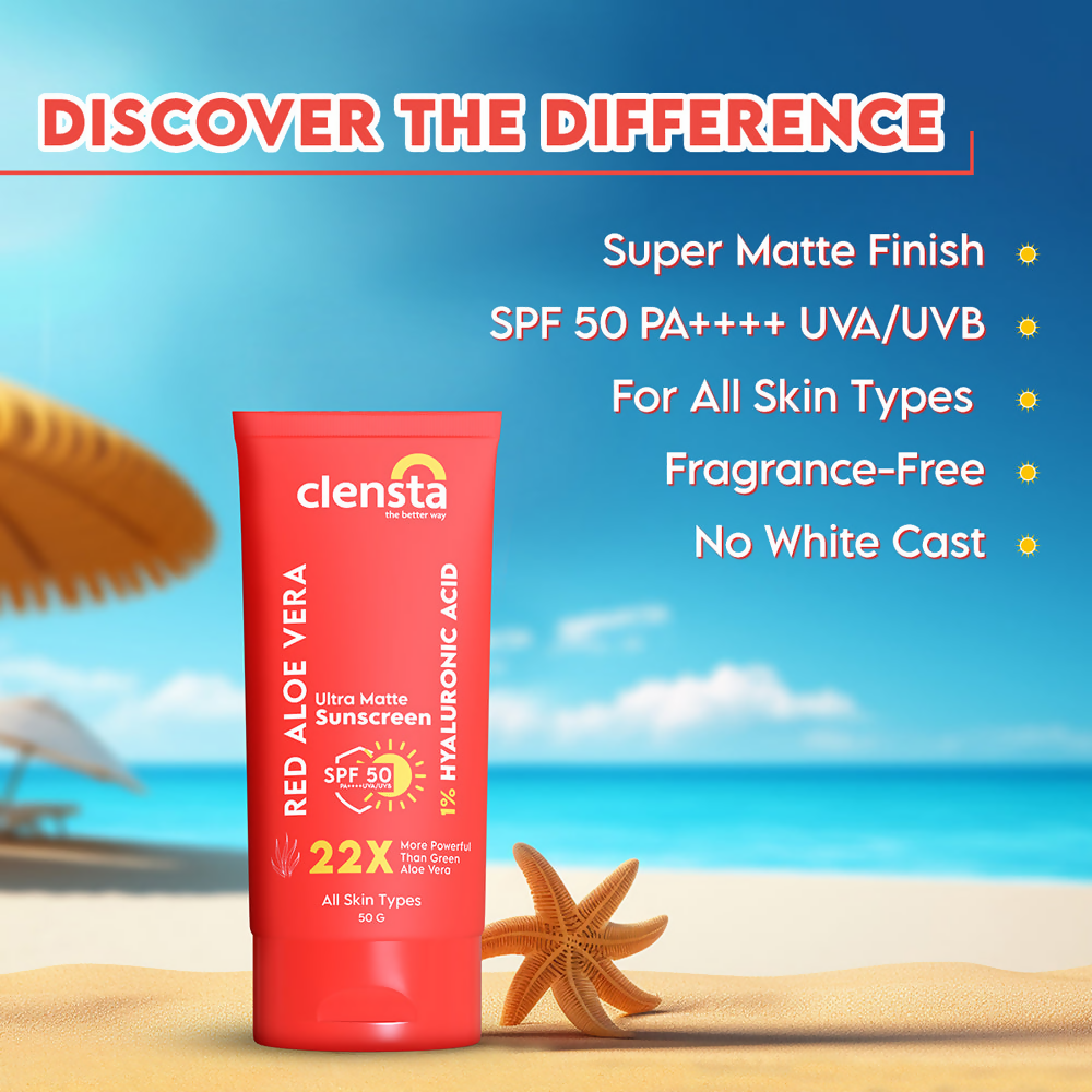 Clensta Red Aloe Vera Ultra Matte Sunscreen SPF 50 | Grocsy