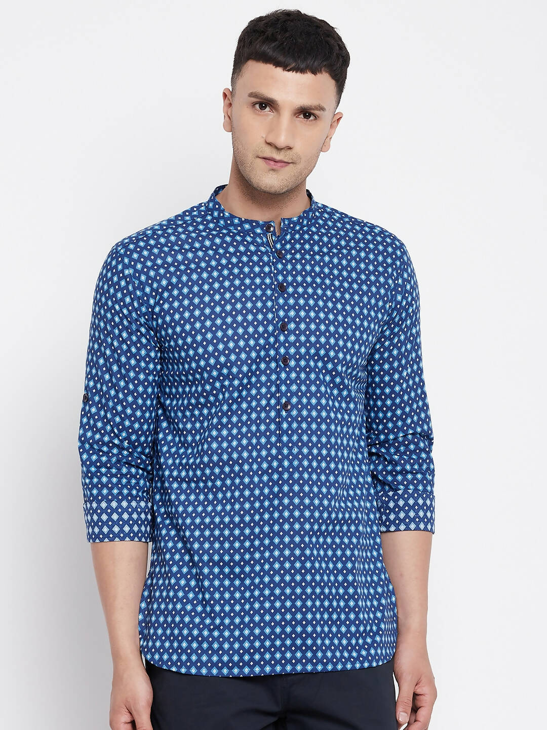 Even Apparels Blue Men's Pure Cotton Kurta With Band Collar | Grocsy