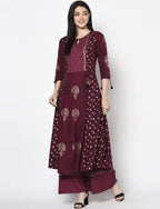 Aniyah Rayon Wine Color Block Print Anarkali Palazzo Set (AN-171K) | Grocsy