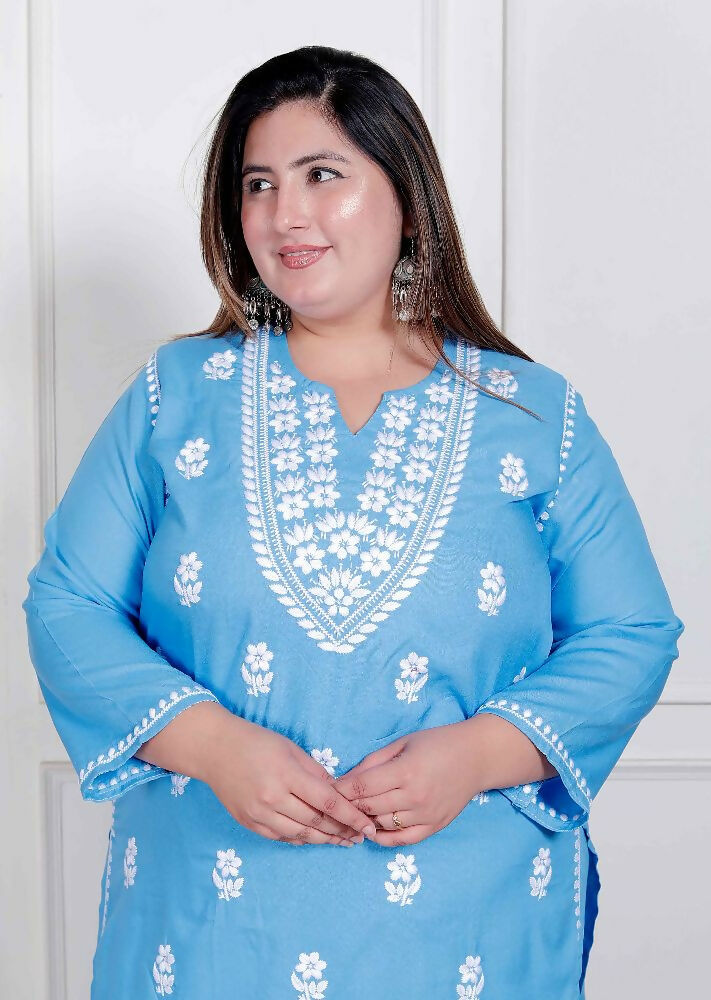 Miravan Womens Plus Size Blue Embroidered Kurta With Palazzo | Grocsy