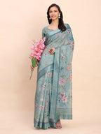 Shree Shyam Fashion Linen Cotton Sea Green Saree | Grocsy
