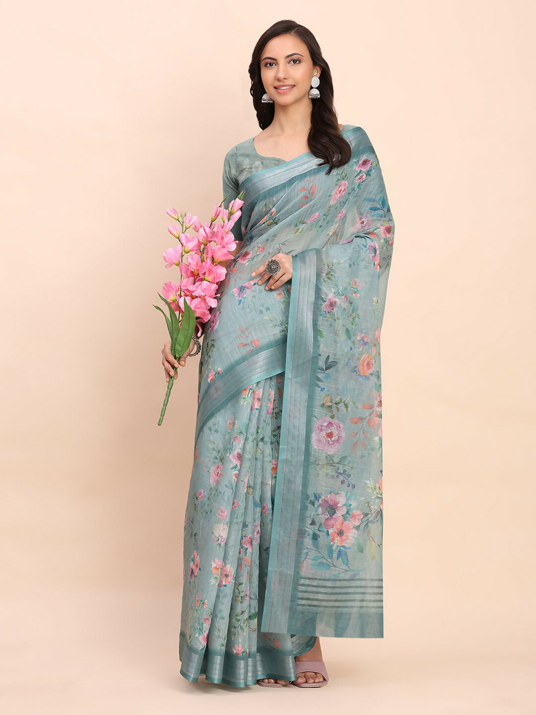 Shree Shyam Fashion Linen Cotton Sea Green Saree | Grocsy