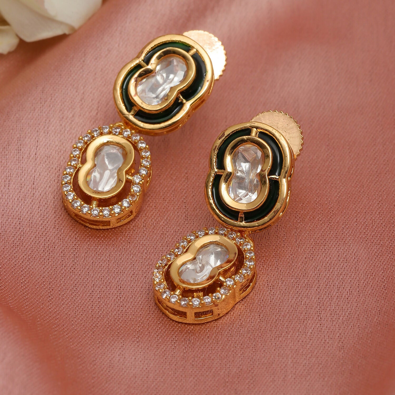 Duet Mufli Meenakari and Diamond Gold-Polished Earrings (Gold) - Ruby Raang | Grocsy