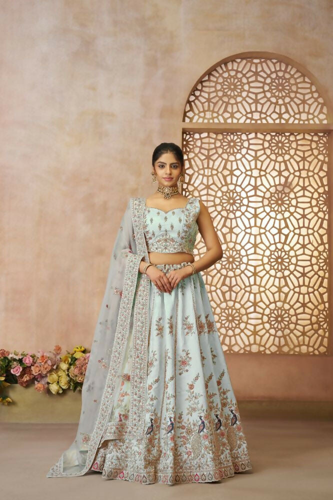 Kesar Fab Sky-Blue Zari Silk Hand_Woven Lehenga | Grocsy