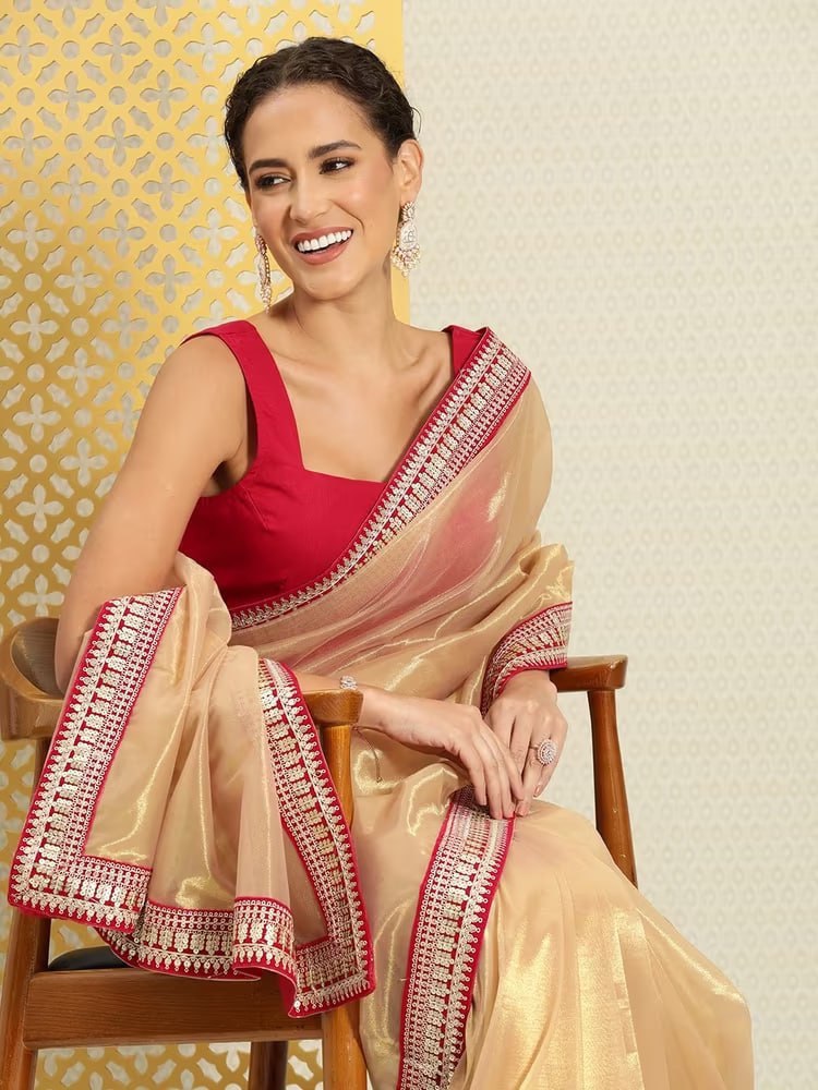 Teeya Creation Chiku Color Organza Silk Lace Work Saree | Grocsy