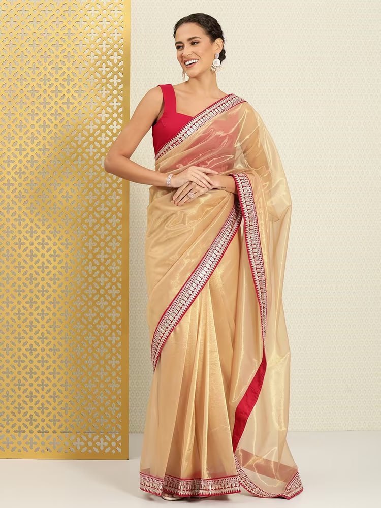 Teeya Creation Chiku Color Organza Silk Lace Work Saree | Grocsy