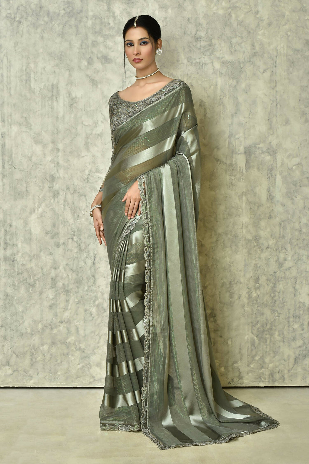 Grey Silk Stripe Saree With Blouse Piece - Purvi | Grocsy