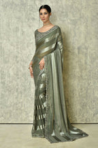 Grey Silk Stripe Saree With Blouse Piece - Purvi | Grocsy