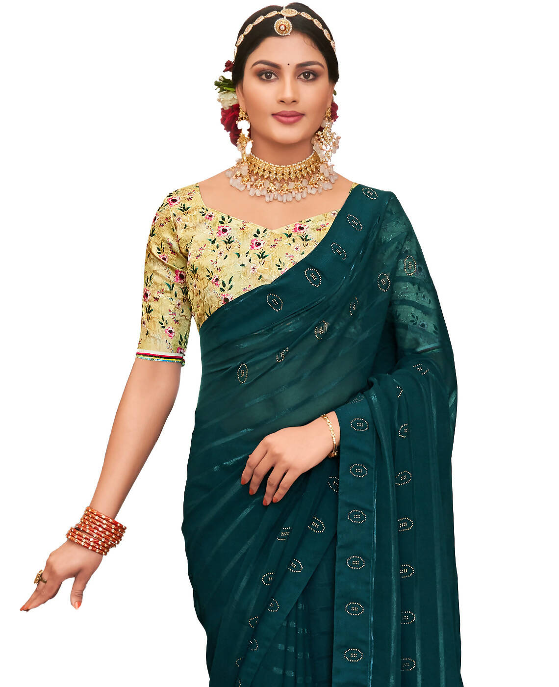 Teal Georgette Swaroski Work Saree With Unstitched Blouse Piece - Juhi | Grocsy