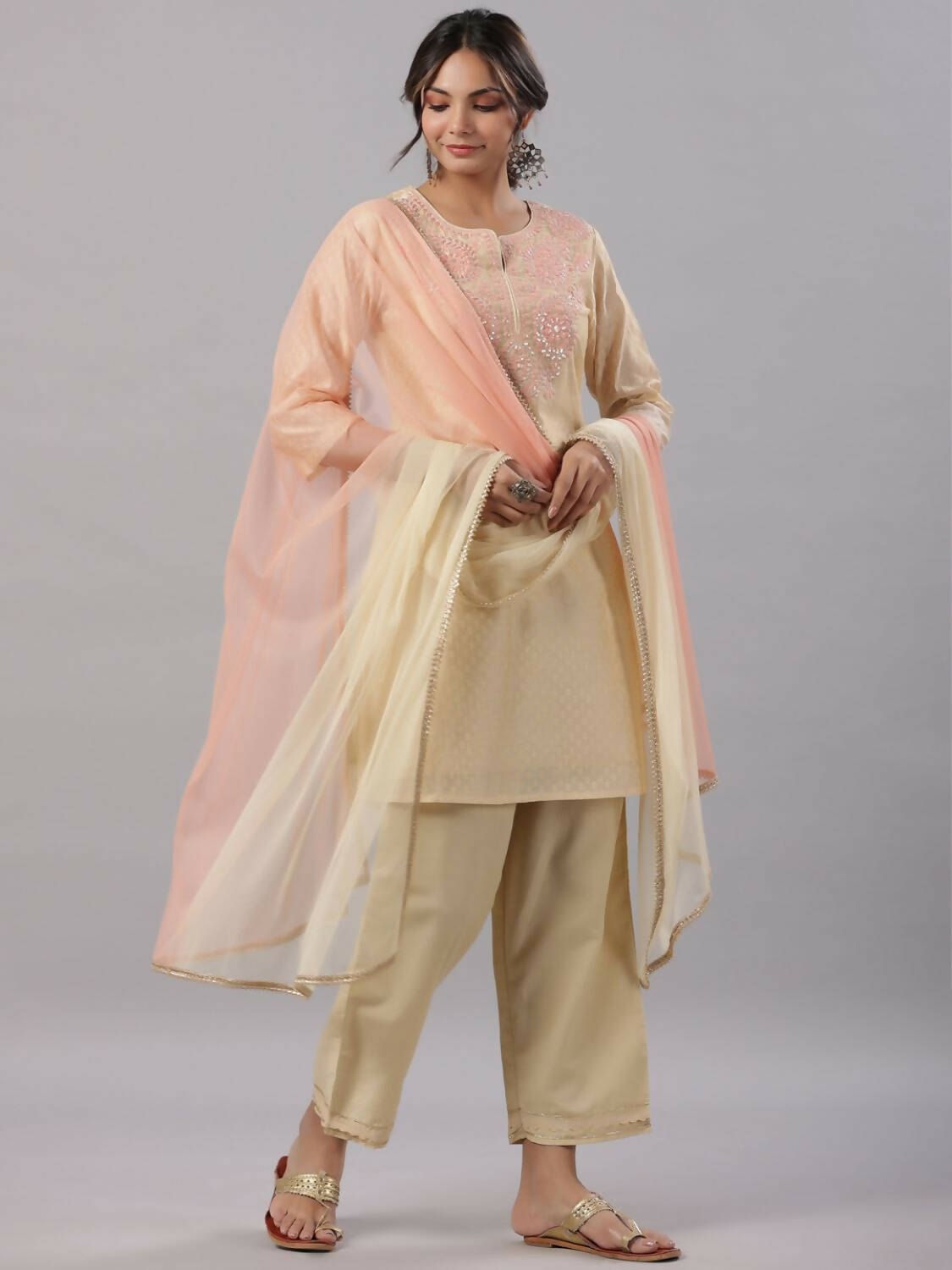 Juniper Women Gold Modal Chanderi Embroidered Kurta, Pants and Dupatta Set | Grocsy