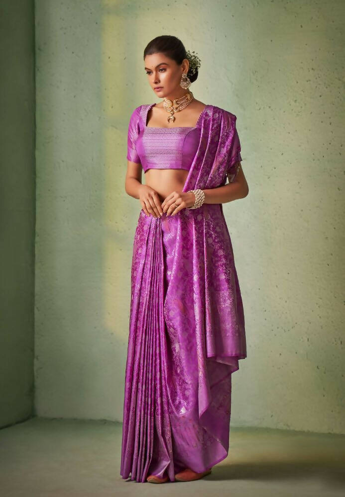 Graceful Designer Violet Color Kanjivaram Silk Saree With Weaving Work - Yomika Fashions | Grocsy