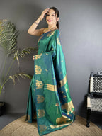 Joban Fashion Dark Teal Motifs Zari Weaving Soft Silk Banarasi Saree | Grocsy