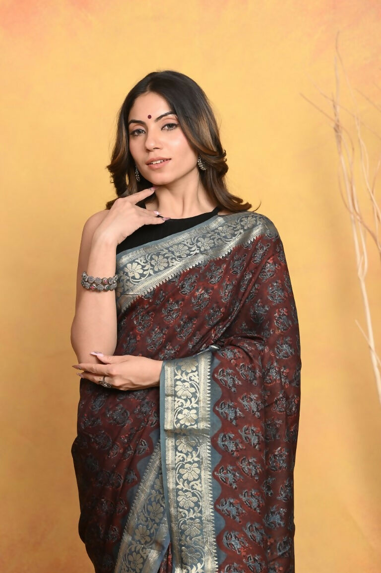 Very Much Indian Modal Silk Ajrakh Handblock Printed Natural Dyes With Designer Border Saree - Dark Maroon | Grocsy