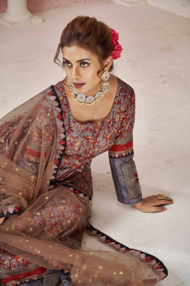 Everywhere Designer Maroon Dola Silk Gown With Dupatta - Anbazaar | Grocsy