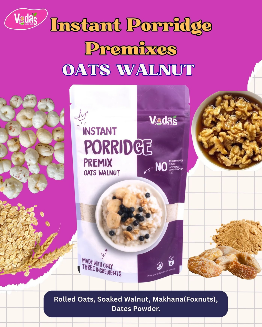 Vedas Kitchen Oats Walnut Instant Porridge | Grocsy