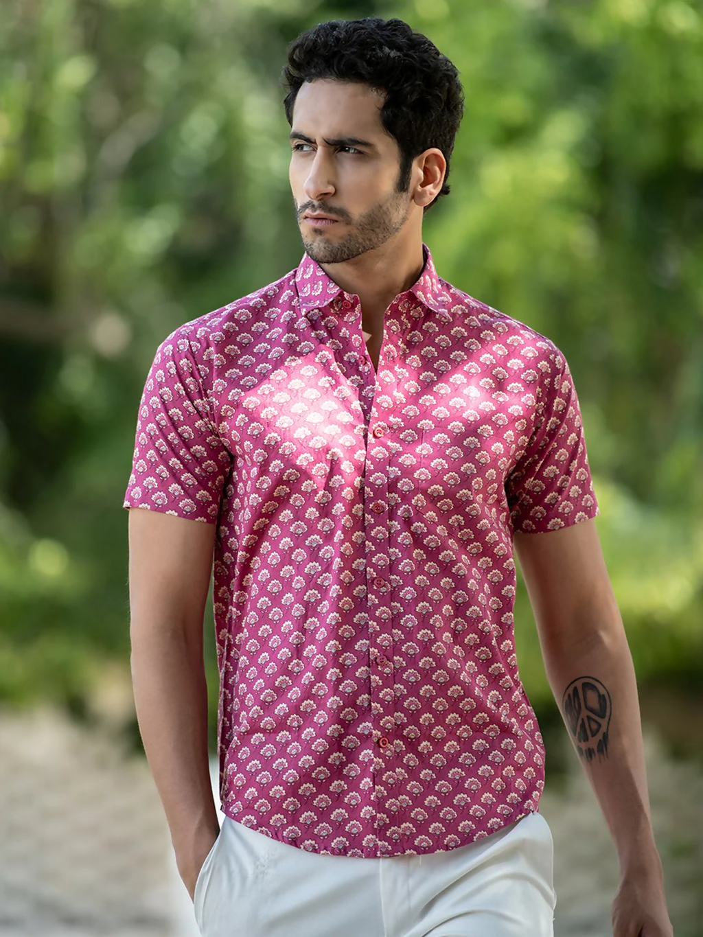 Miravan Men's Regular Fit Pink Floral Cotton Button Down Half Sleeve Slim Fit Shirt | Grocsy
