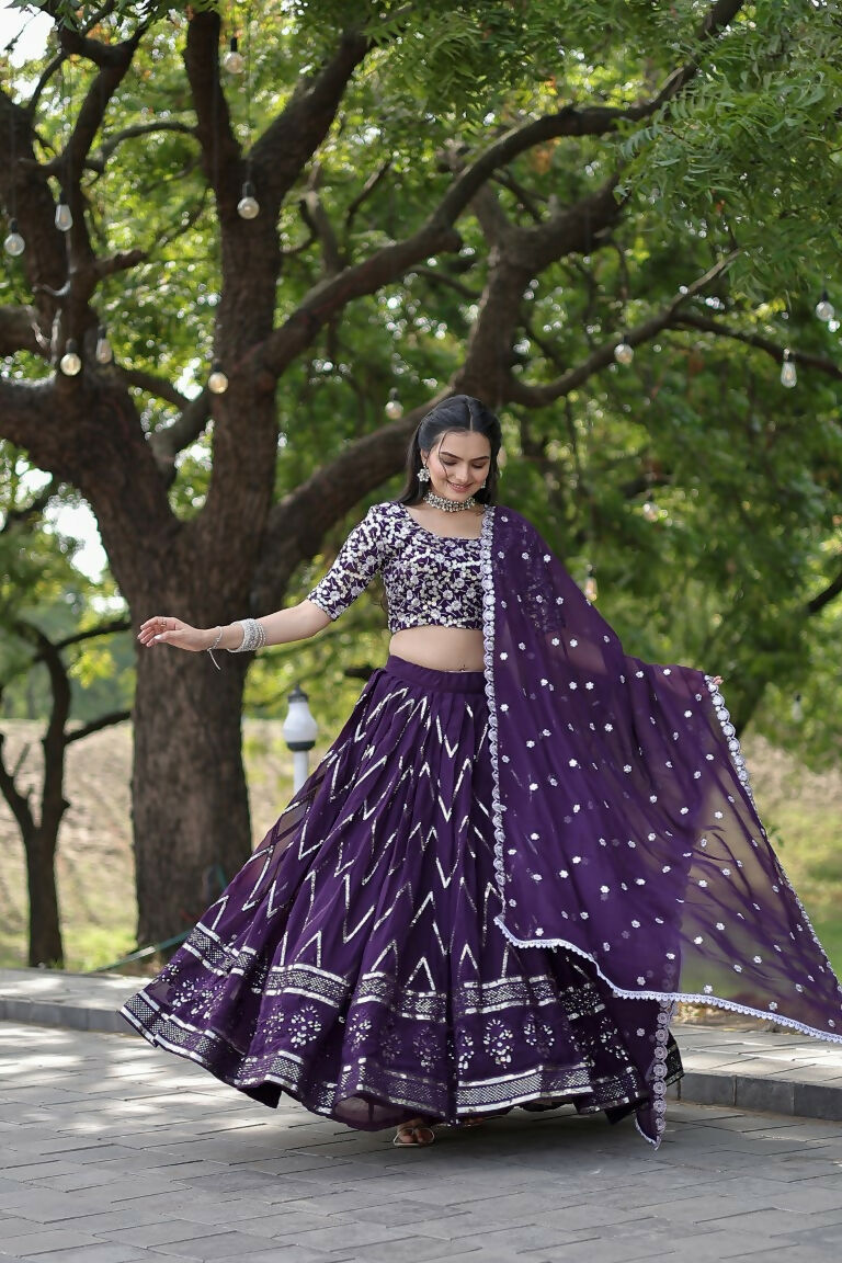 Vastranavya Faux Blooming With Sequins And Thread Embroidered Work Lehenga Choli With Dupatta - Purple | Grocsy