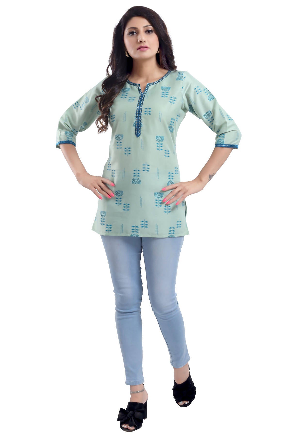 Snehal Creations Luxurious Fine Pista Cotton Silk Short Tunic | Grocsy