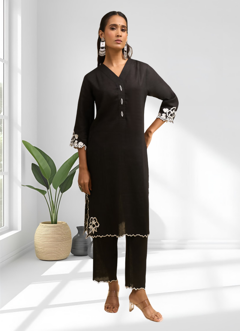 Joban Fashion Black Linen Embroidered Readymade Long Kurta With Pant | Grocsy