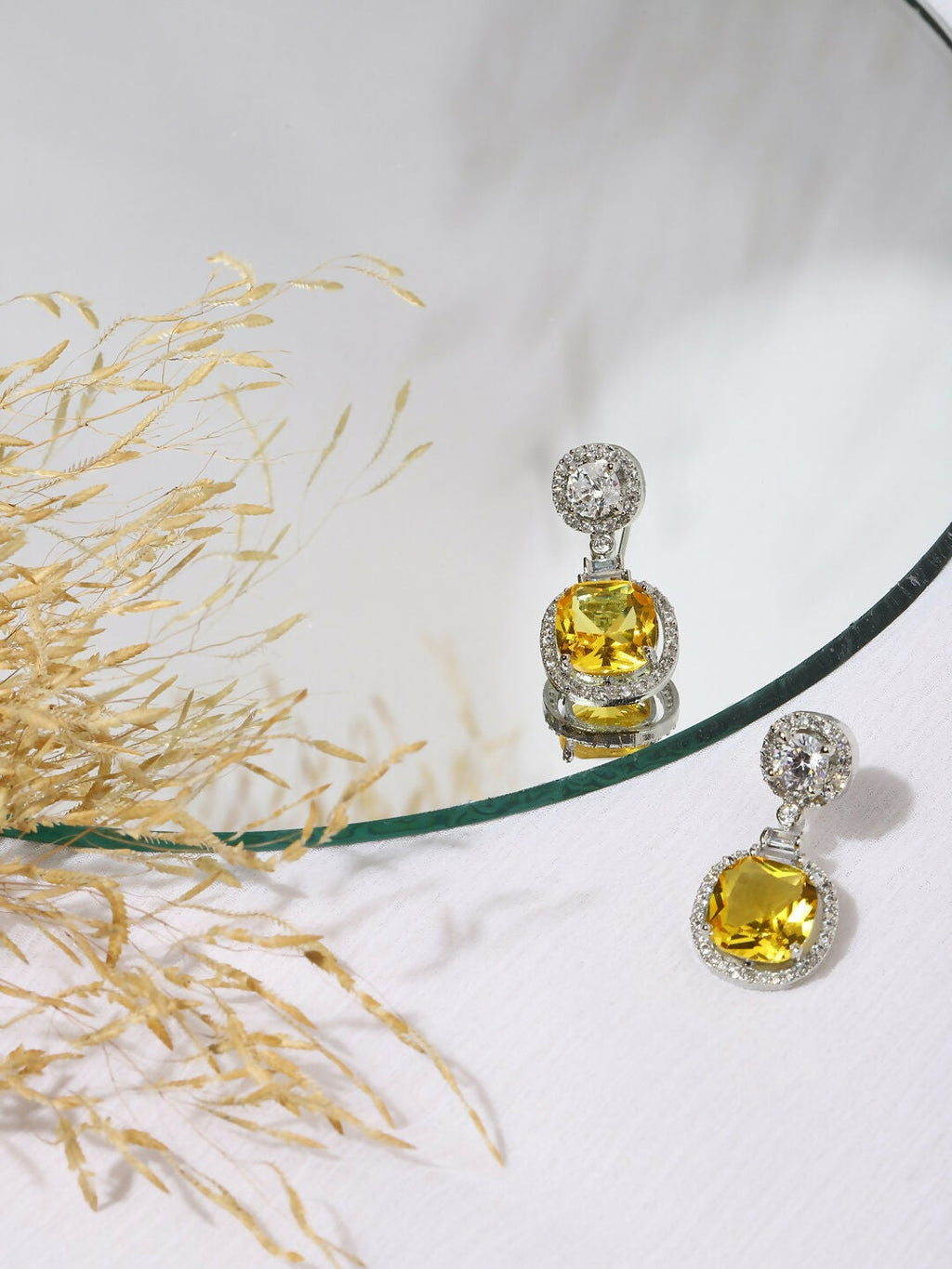 Yellow & Silver Stone Earrings- Ruby Raang | Grocsy