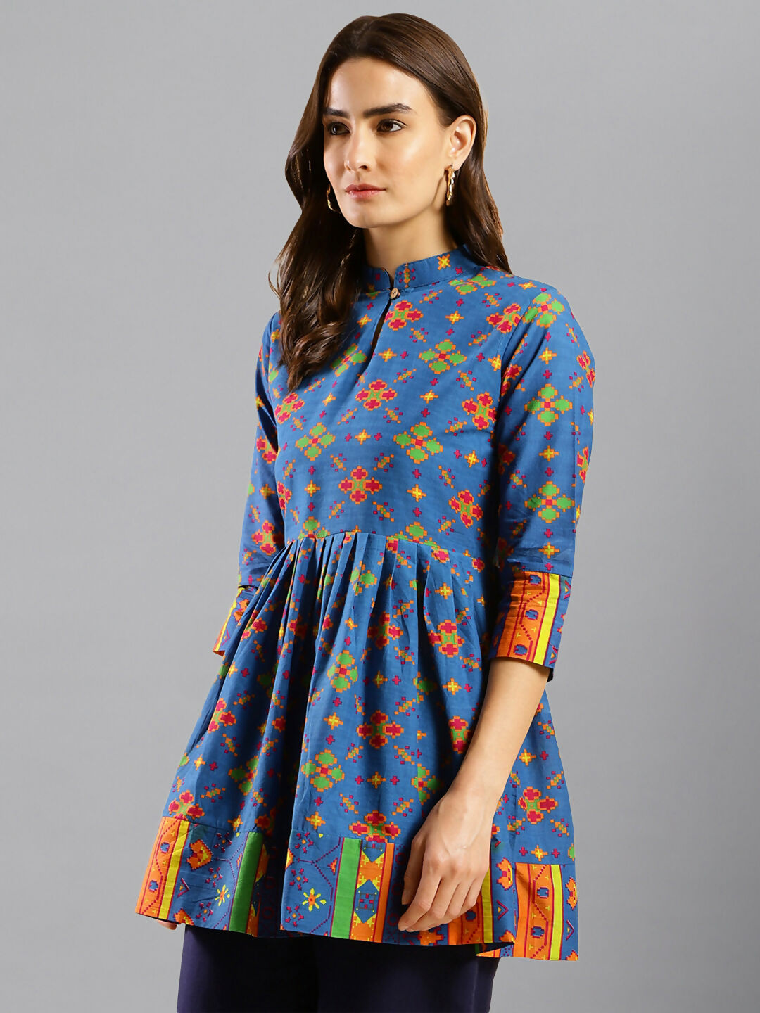 Women Blue & Green Pure Cotton Abstract Print Aline Top - Bosky | Grocsy