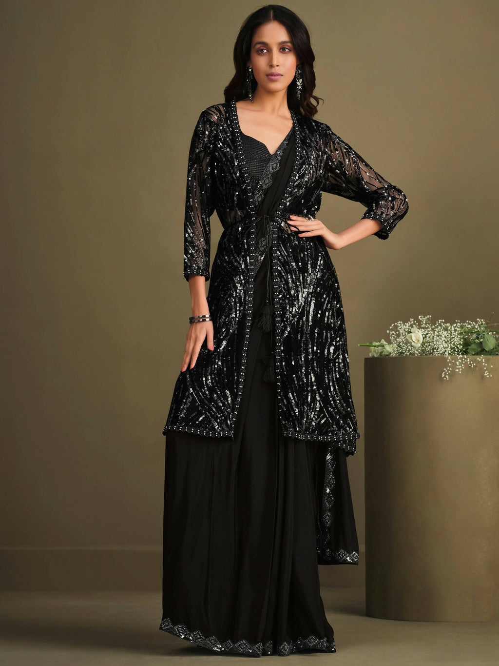 Black Crepe Silk Sequence Embroidered & Stone Work With Sequence Work Jacket Saree With Stitched Blouse - Mohmanthan La Belle | Grocsy