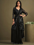Black Crepe Silk Sequence Embroidered & Stone Work With Sequence Work Jacket Saree With Stitched Blouse - Mohmanthan La Belle | Grocsy
