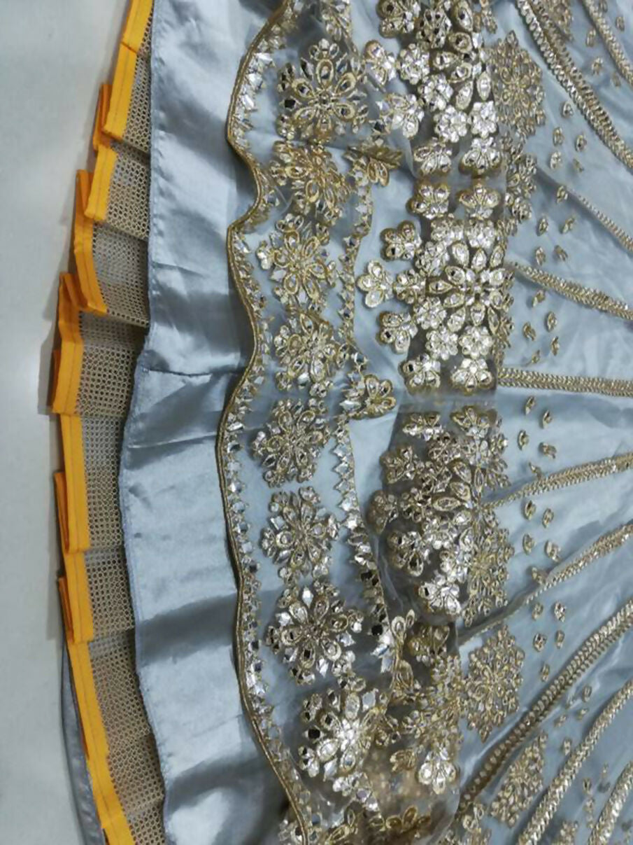 Jyoti Fashion Glamorous Grey Zari With Paper Mirror Embroidered Net Lehenga Choli with Dupatta | Grocsy