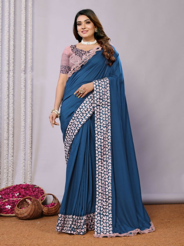 Teal Blue Silk Georgette Laser Cut Embroidery Wired Frills Saree - Norita Saumya | Grocsy
