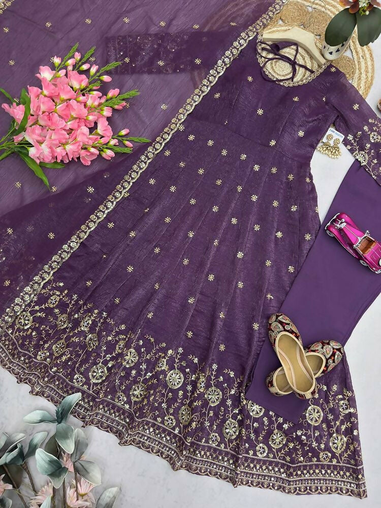 Teeya Creation New Stylish Trendy Elegant Purple Embroidered Anarkali Suit with Dupatta | Grocsy
