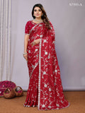 Red Pure Satin Embroidered Saree With Stitched Blouse - Nimaya Kaksha | Grocsy