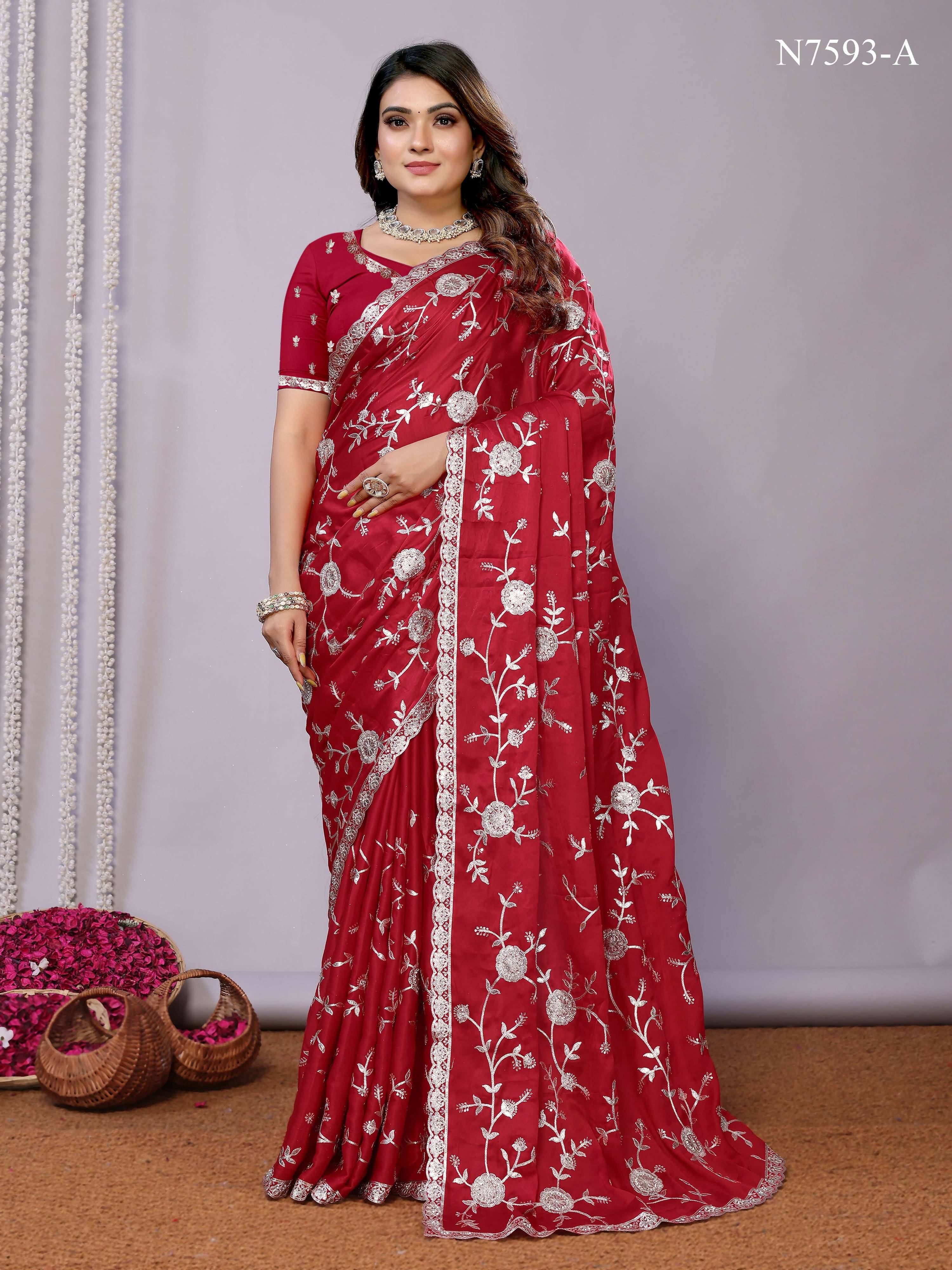 Red Pure Satin Embroidered Saree With Stitched Blouse - Nimaya Kaksha | Grocsy