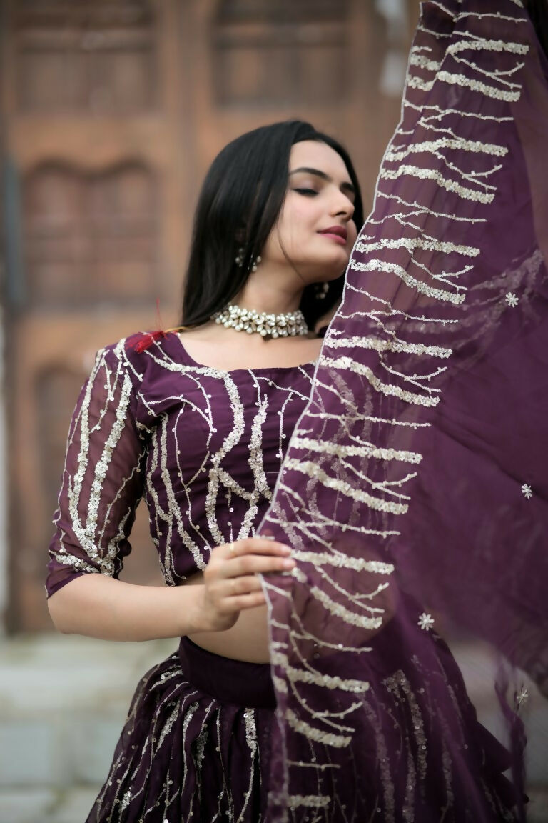 Vastranavya Enchanting Designer Tebby-Silk Lehenga Choli With Dupatta Set - Wine | Grocsy