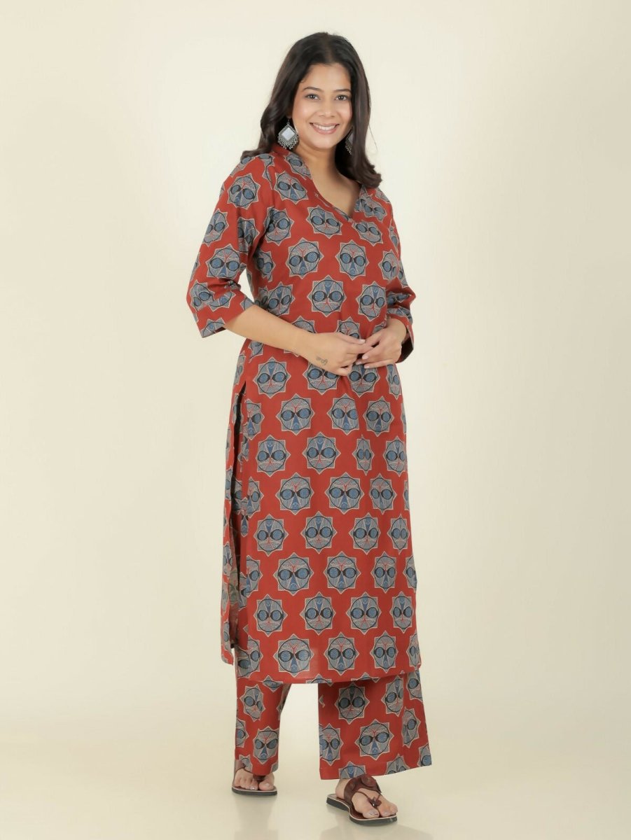 Aramya Red Soft Cotton Ajrakh Straight Kurta for Women | Grocsy