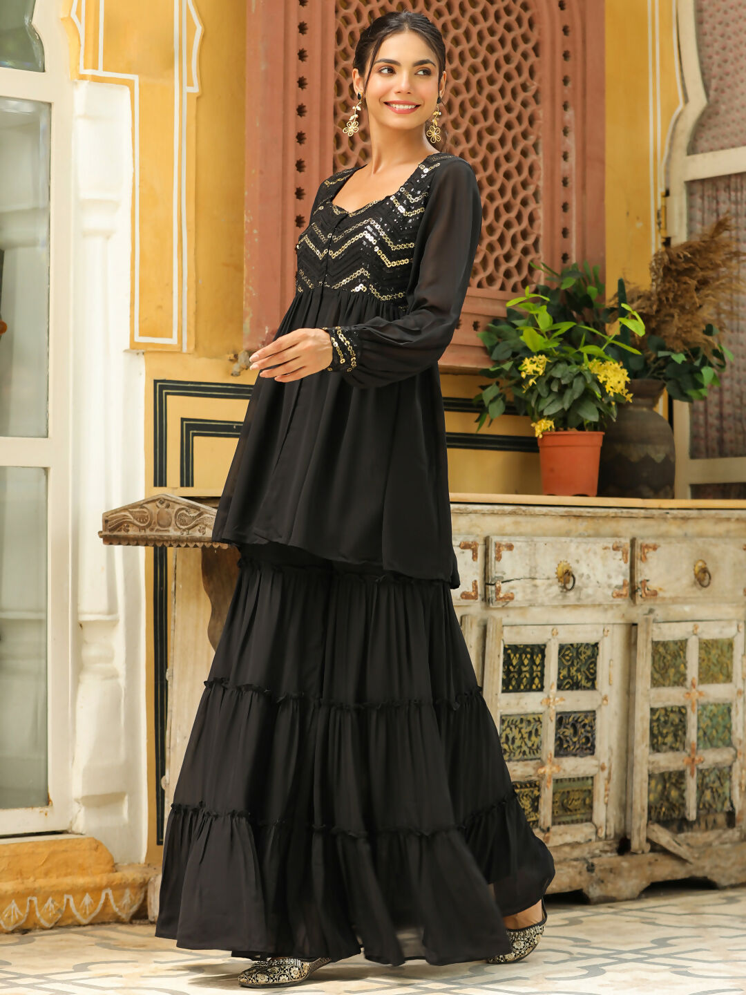 Janasya Black Georgette Sequined Tunic & Bottom | Grocsy