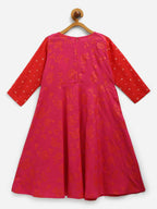 Ahalyaa Dark Pink Crepe Khari Print kids Dress Attached Jacket For Girls | Grocsy