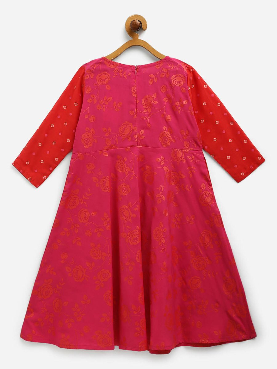 Ahalyaa Dark Pink Crepe Khari Print kids Dress Attached Jacket For Girls | Grocsy