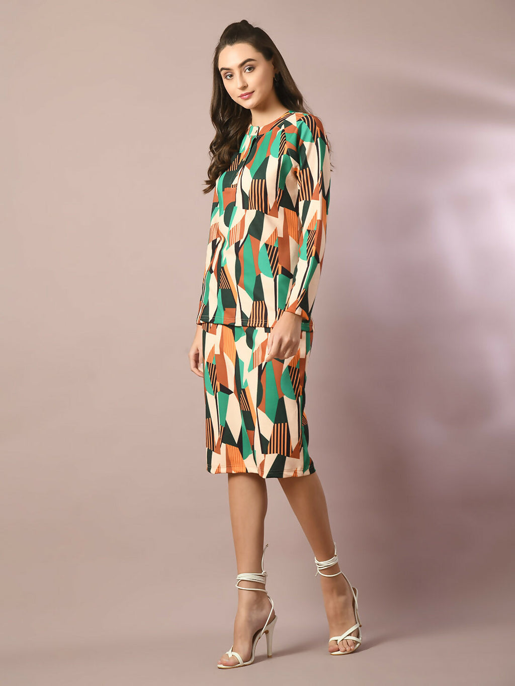 Myshka Women's Multi Printed Round Neck Party Top With Skirt Co-ord set | Grocsy