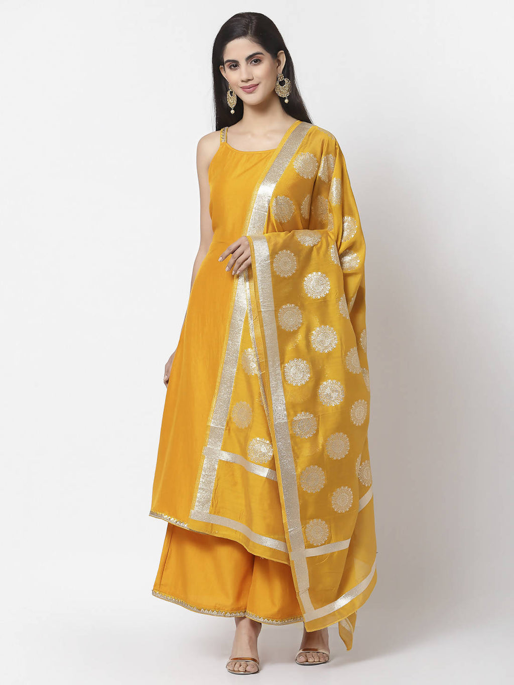 Myshka Women Yellow Silk Blend Solid Sleeveless Round Neck Neck Kurta Palazzo Dupatta Set | Grocsy